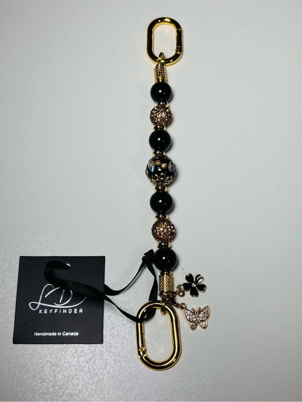 LD Keyfinder Golden Petunia Black Obsidian Gemstone Beaded Key Finder Bag Charm